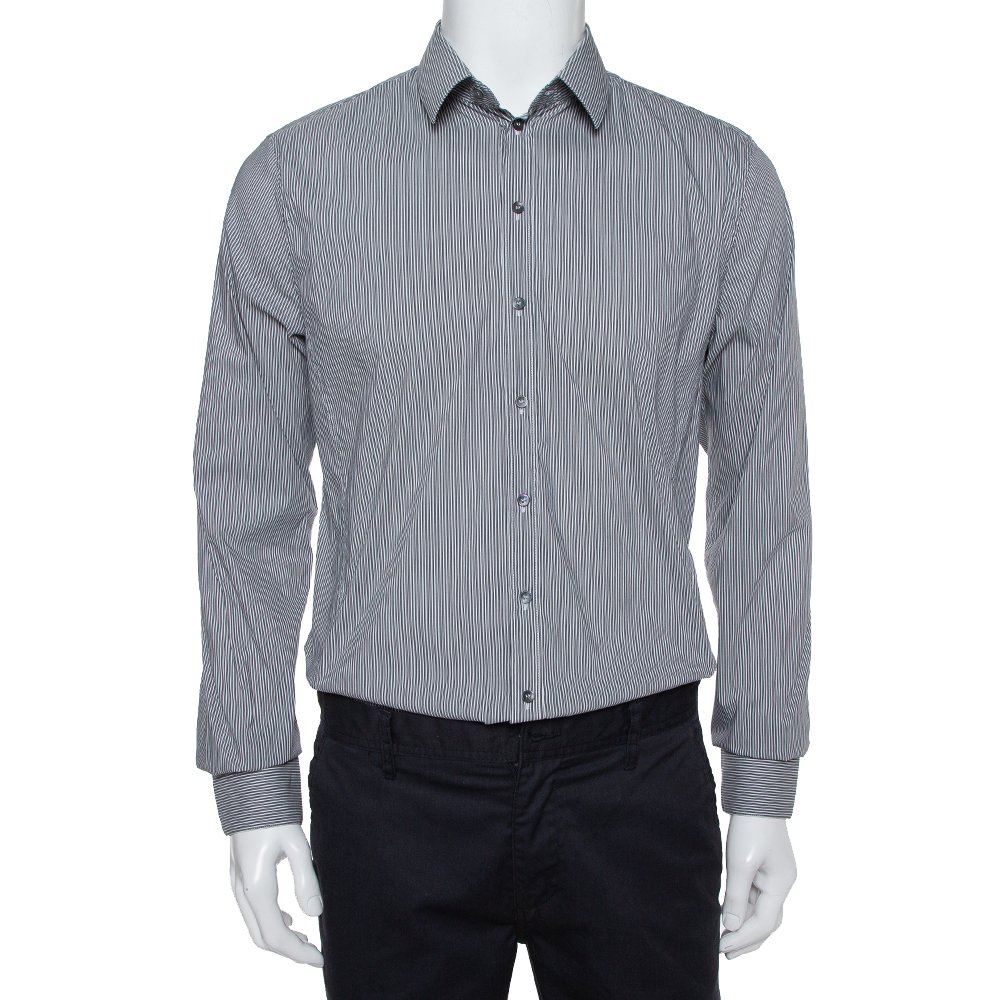 Dolce & Gabbana Grey Striped Cotton Button Front Sicilia Shirt XL