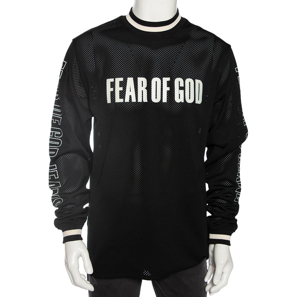 Fear of God Black Synthetic Logo Print Long Sleeved Mesh-Jersey T-Shirt S