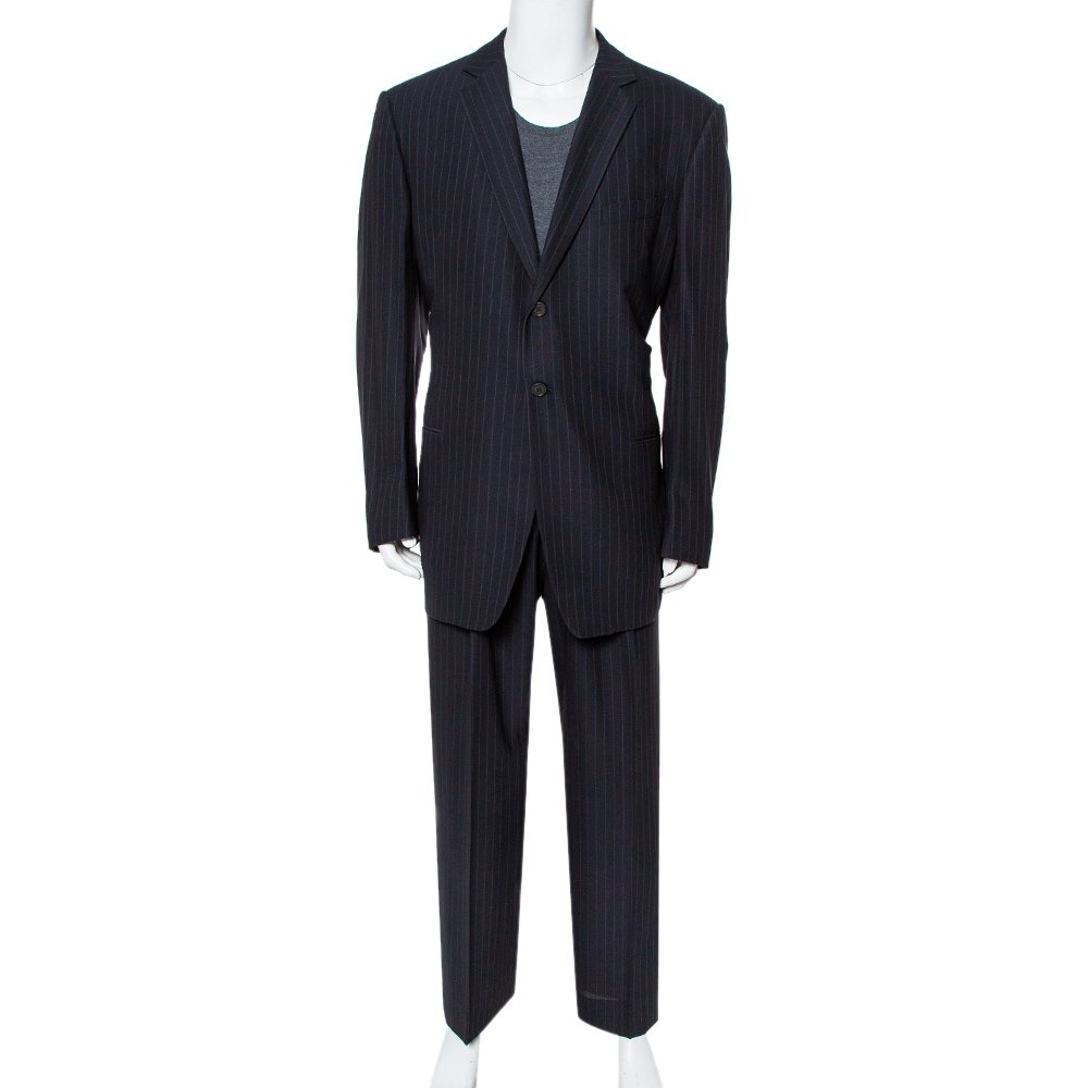 Giorgio Armani Classico Midnight Blue Pinstriped Wool & Silk Suit 5XL