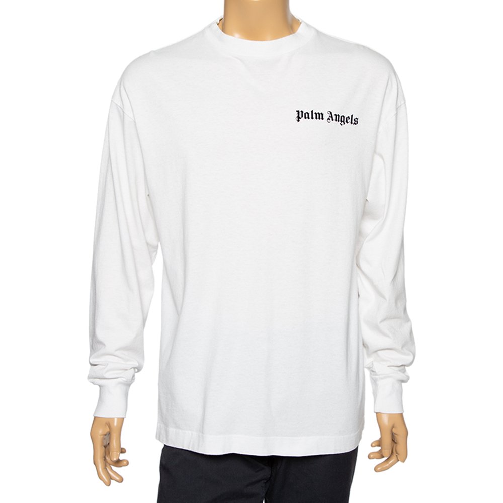 Palm Angels White Cotton Logo Printed Detail Long Sleeve Crewneck T-Shirt L