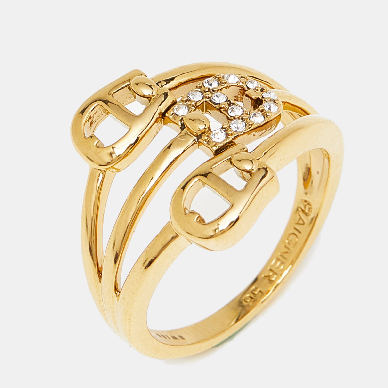 Aigner A Logo Crystal Gold Tone Ring Size 56