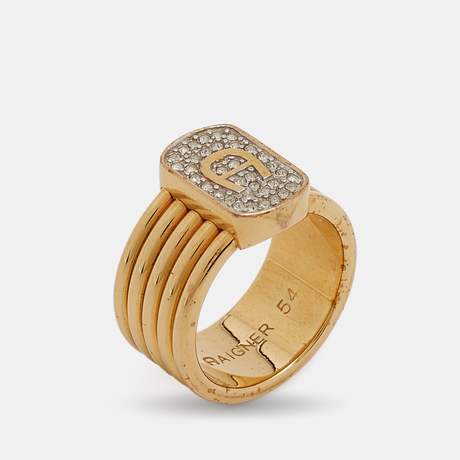 Aigner Gold Tone Crystal Logo Band Ring Size 54