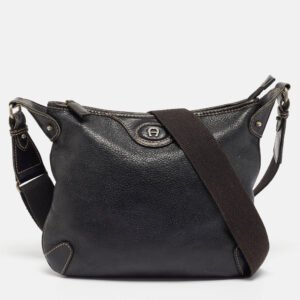 Aigner Black Leather Logo Messenger Bag