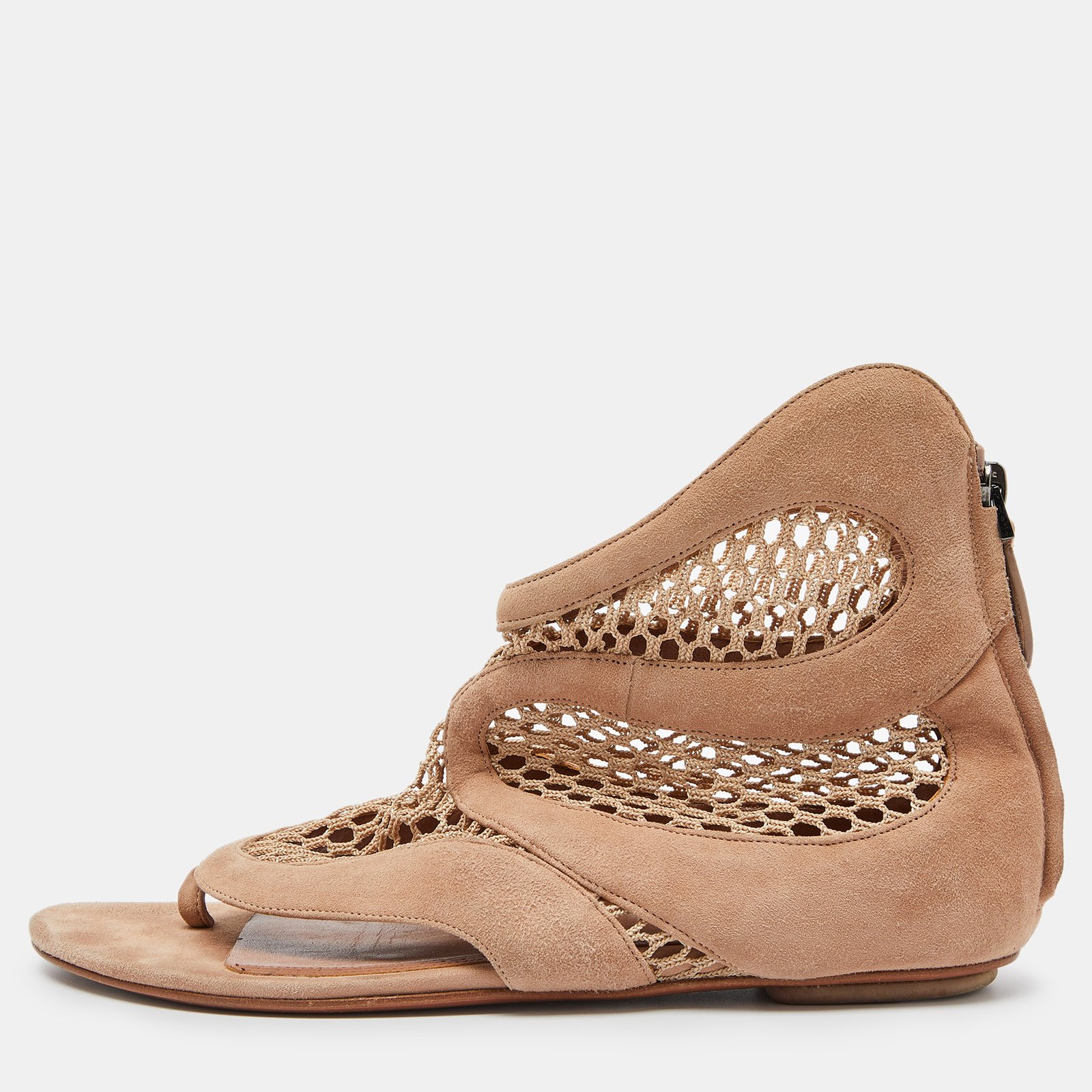 Alaia Beige Suede and Mesh Zip Thong Flat Sandals Size 38