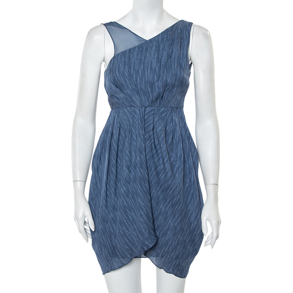 Alice + Olivia Blue Silk Asymmetric Draped Sleeveless Dress S