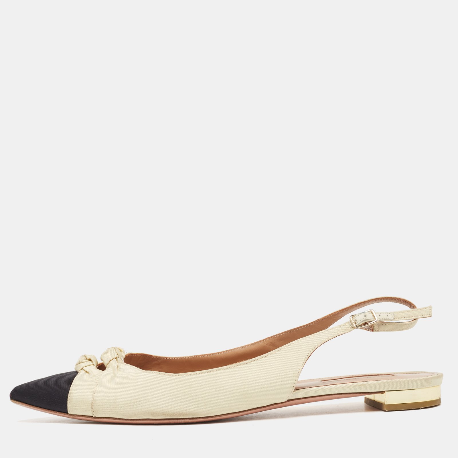 Aquazzura Beige/Black Knotted Fabric Slingback Flats Size 39.5