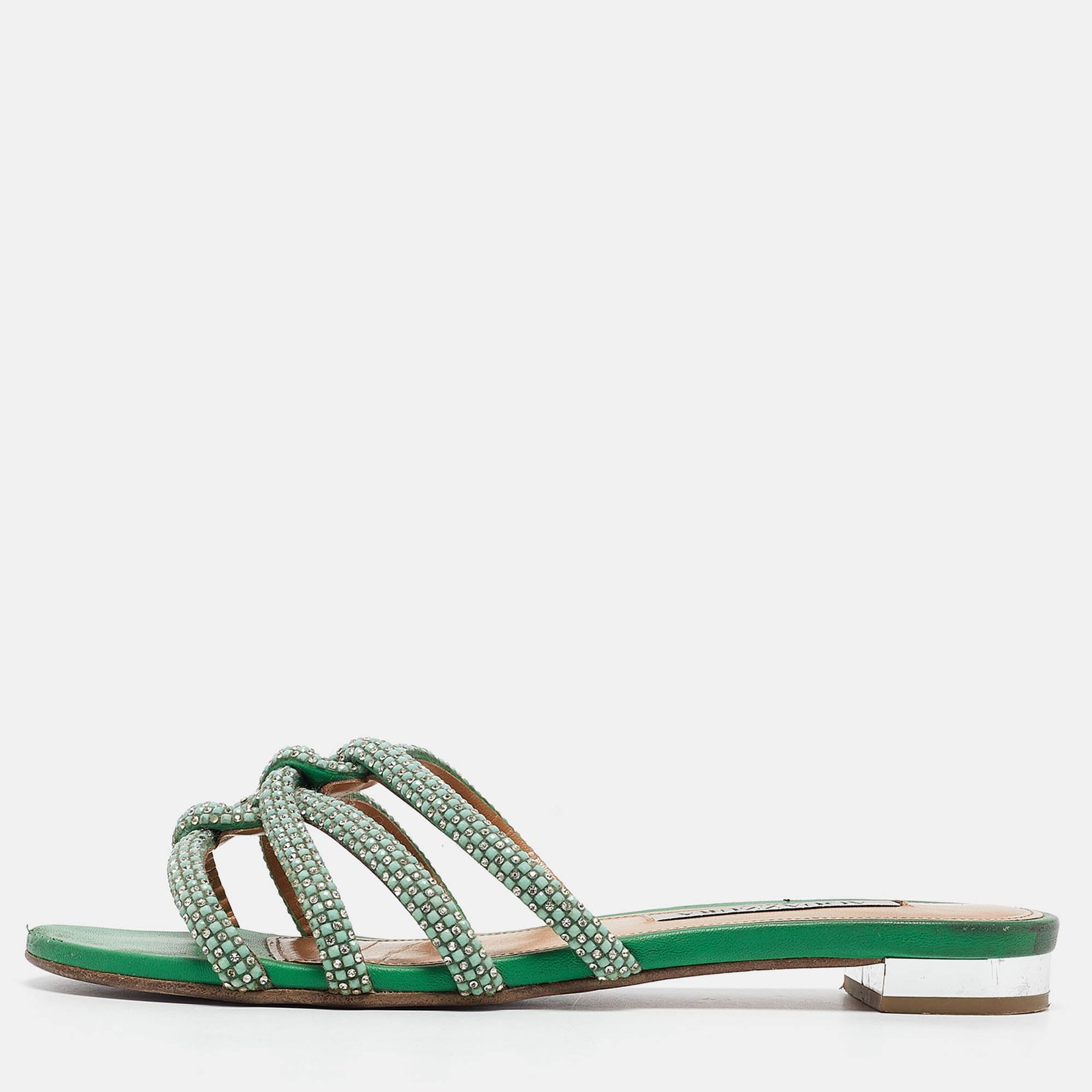 Aquazzura Green Crystal Embellished Leather Moondust Flat Slides Size 38