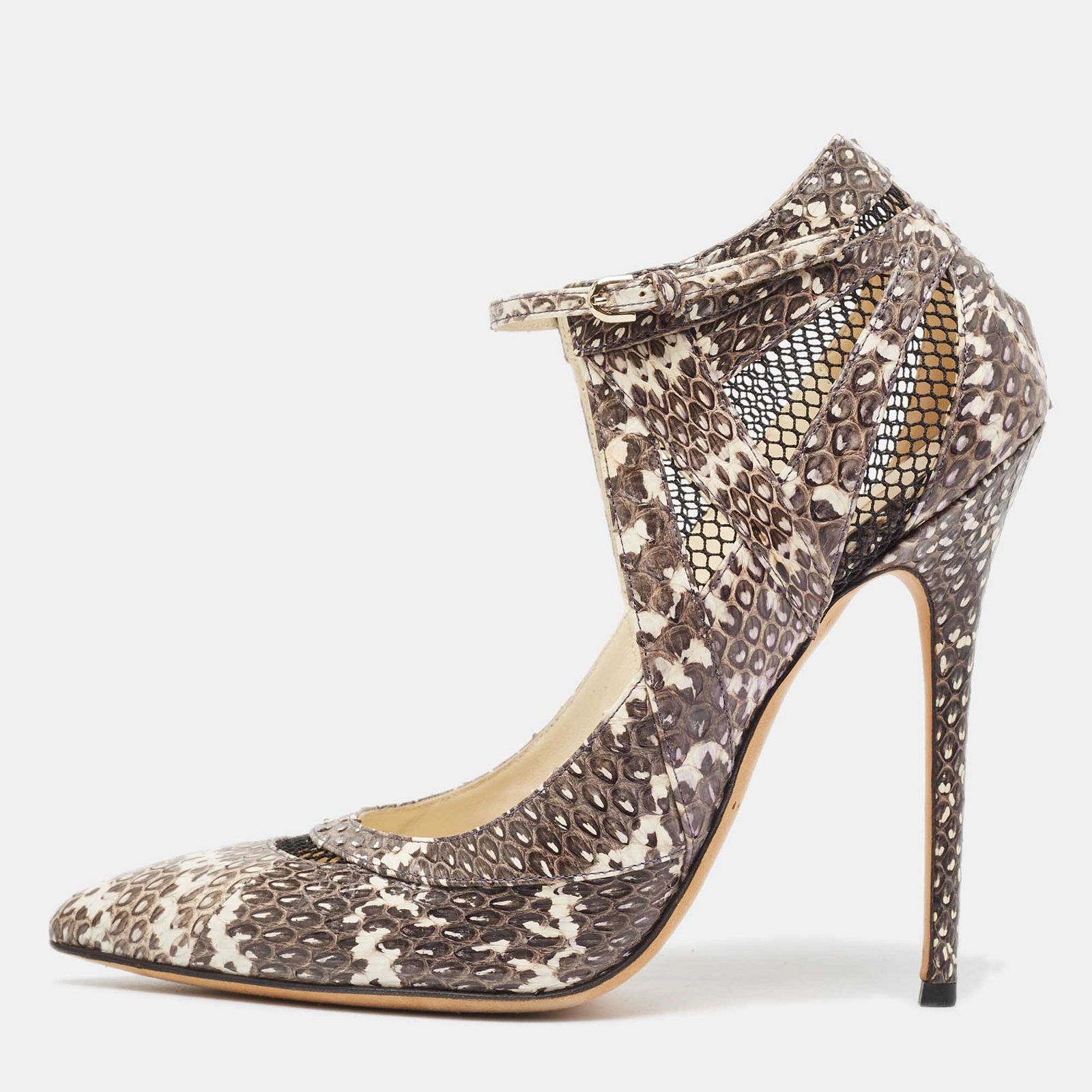 Brian Atwood Grey/White Snakeskin and Mesh Ankle Strap Pumps Size 41