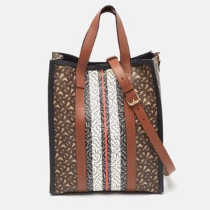 Burberry Black/Brown TB Monogram Coated Canvas and Leather Stripe Portrait Tote