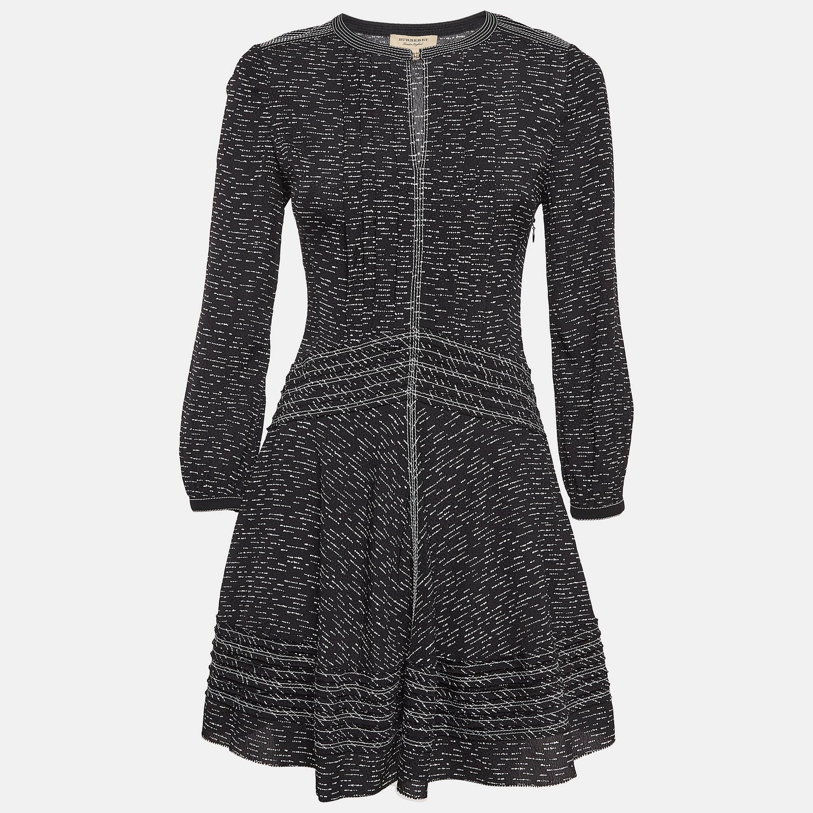 Burberry Black Patterned Silk Flared Midi Dress XS