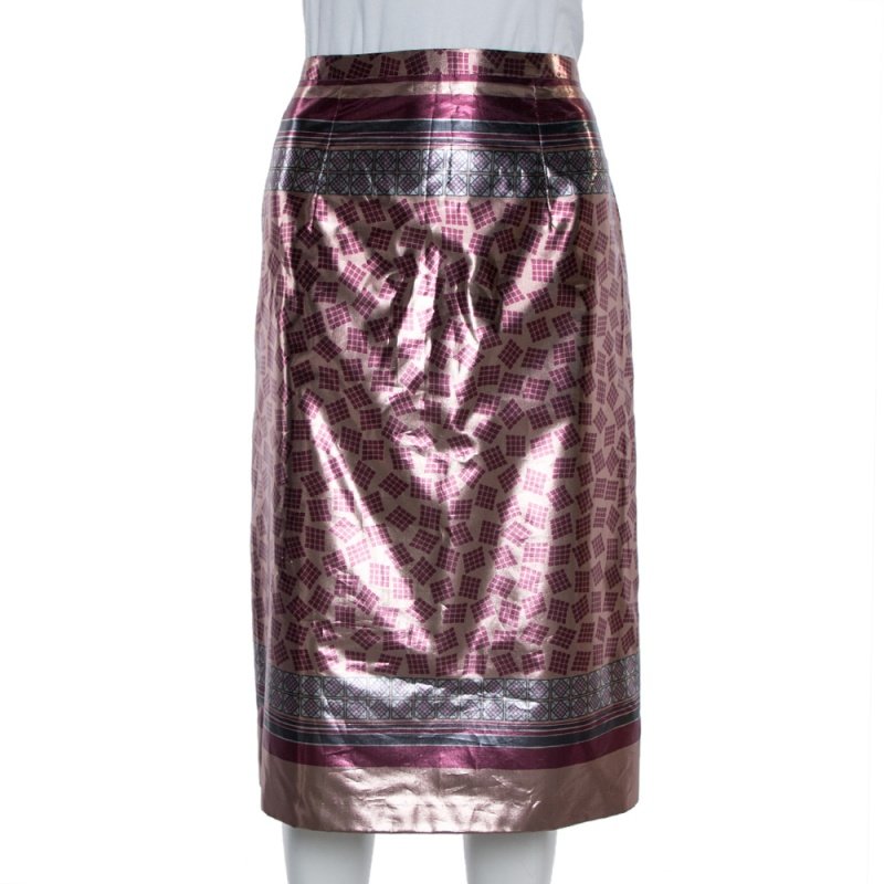 Burberry Champagne Pink Printed Lamé Pencil Skirt M
