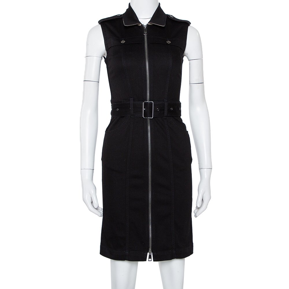 Burberry Brit Black Denim Belted Zipper Front Short Dress S