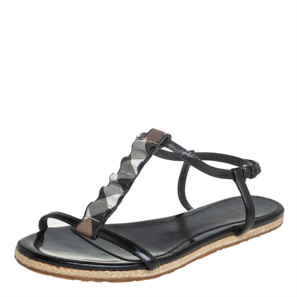 Burberry Black Leather Westerdale T Strap Espadrille Flat Sandals Size 40