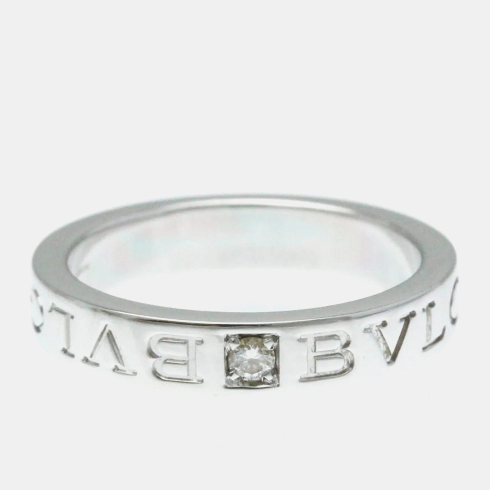 Bvlgari 18K White Gold Double Logo Diamond Band Ring EU 56