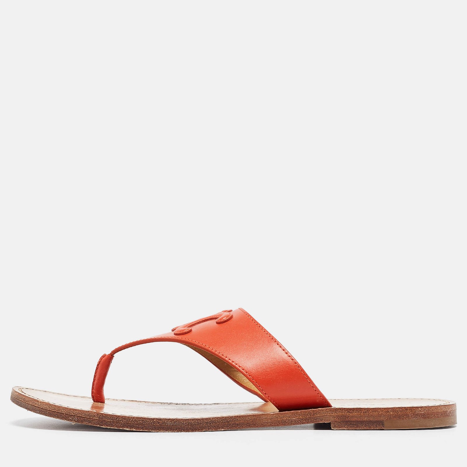 Celine Orange Leather Triomphe Thong Flats Size 37.5