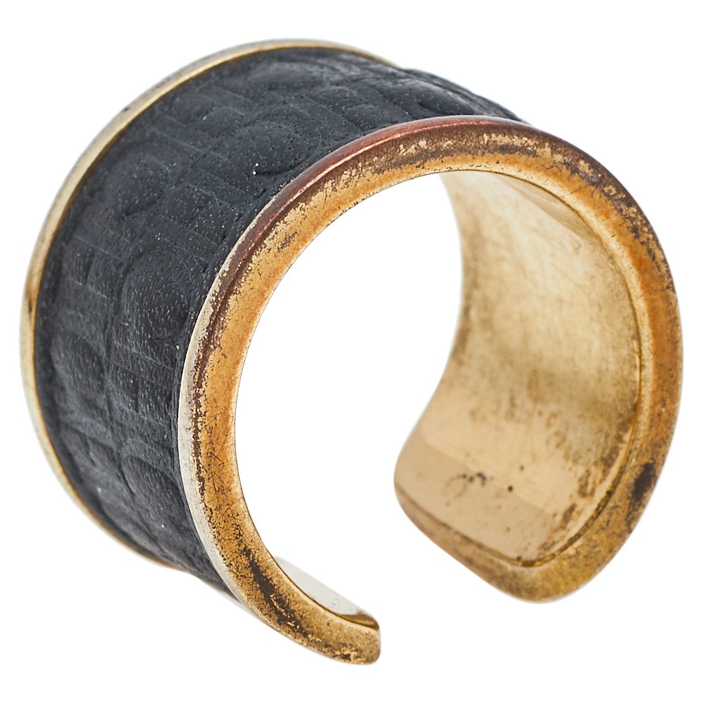 CH Carolina Herrera Black Leather Gold Tone Open Ring Size 52.5