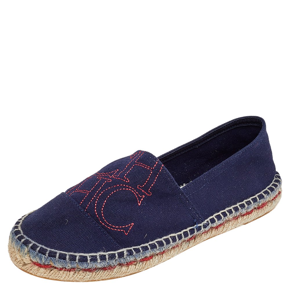 CH Carolina Herrera Navy Blue Canvas Espadrille Flats Size 37