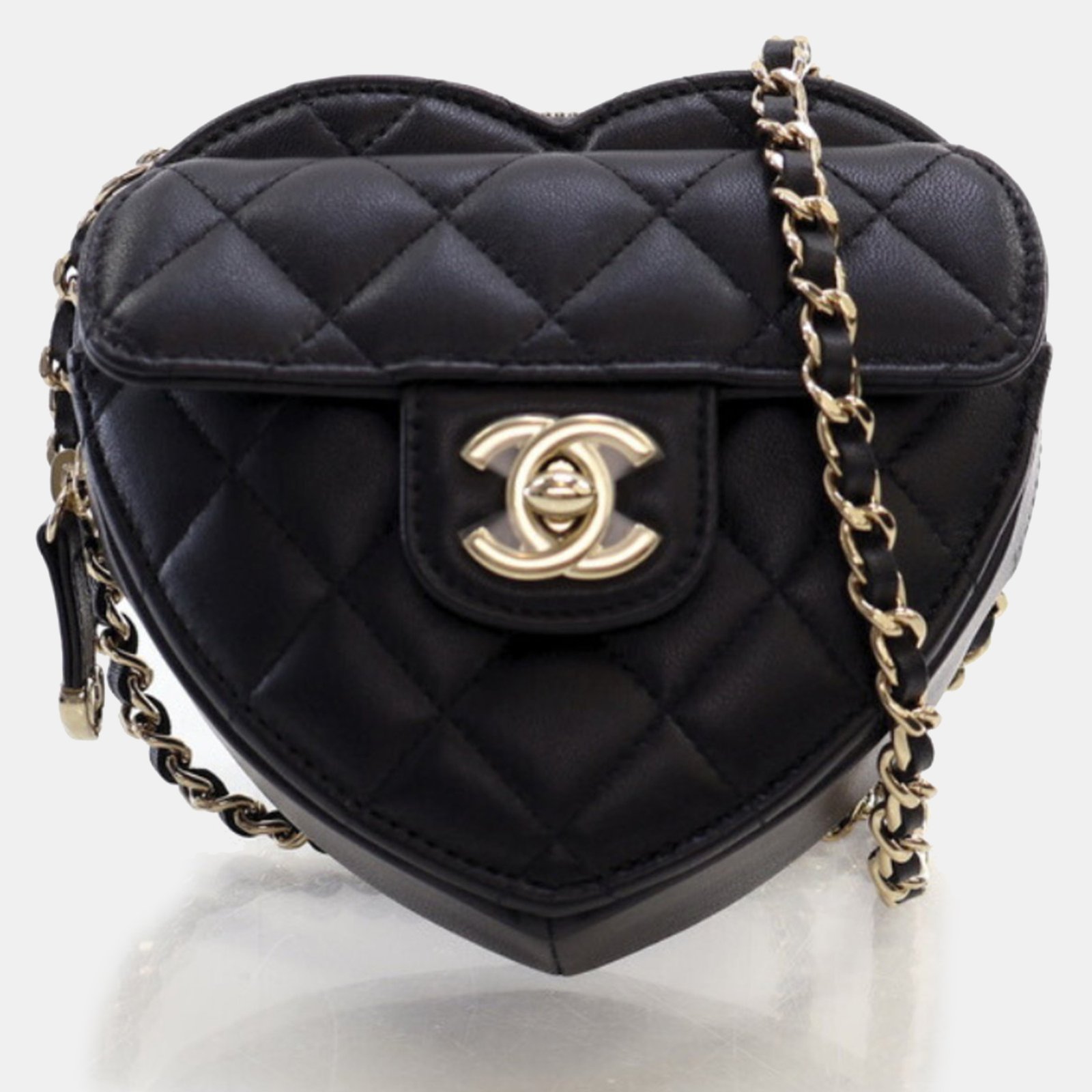 Chanel Black Lambskin Quilted CC In Love Heart Clutch With Chain