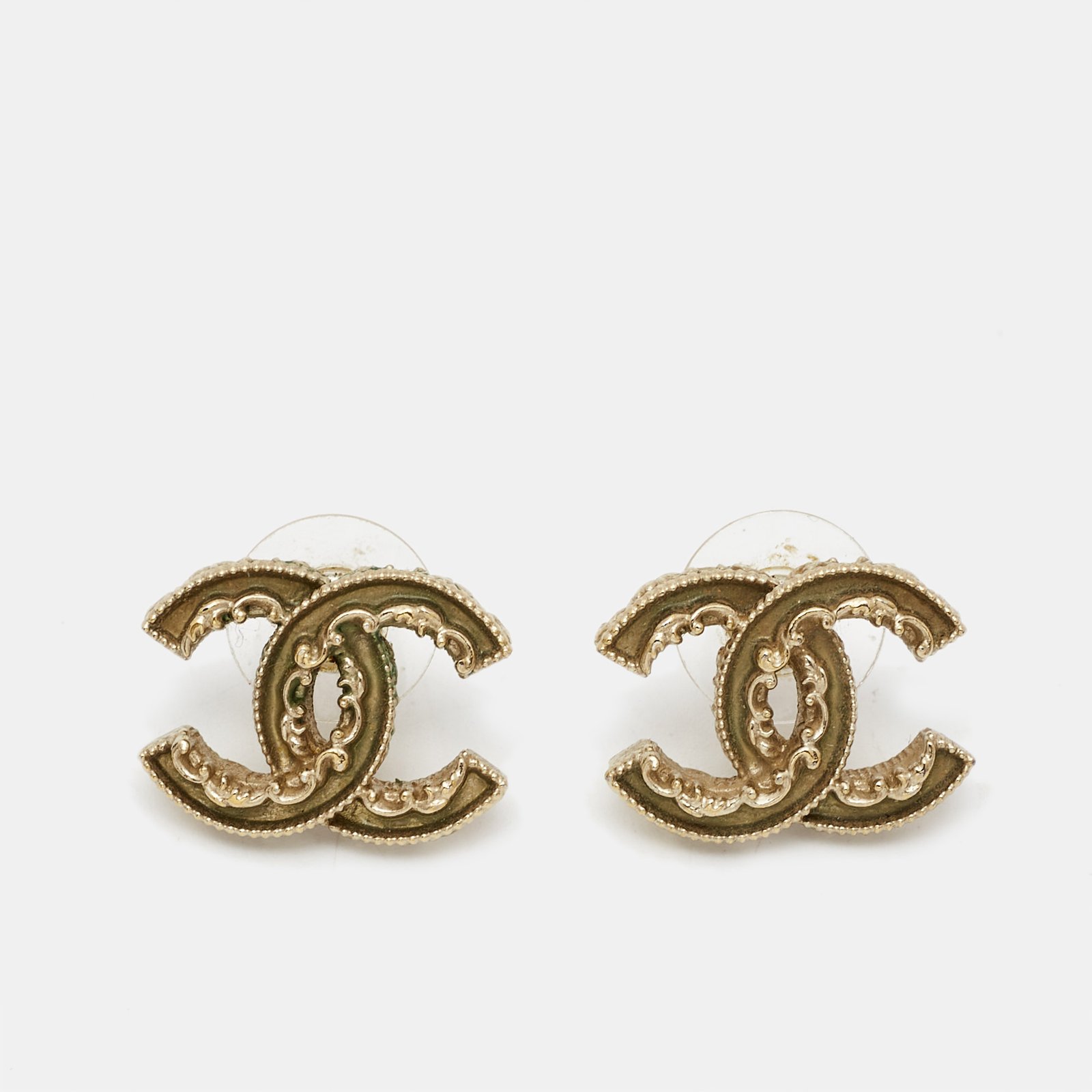 Chanel CC Enamel Gold Tone Earrings
