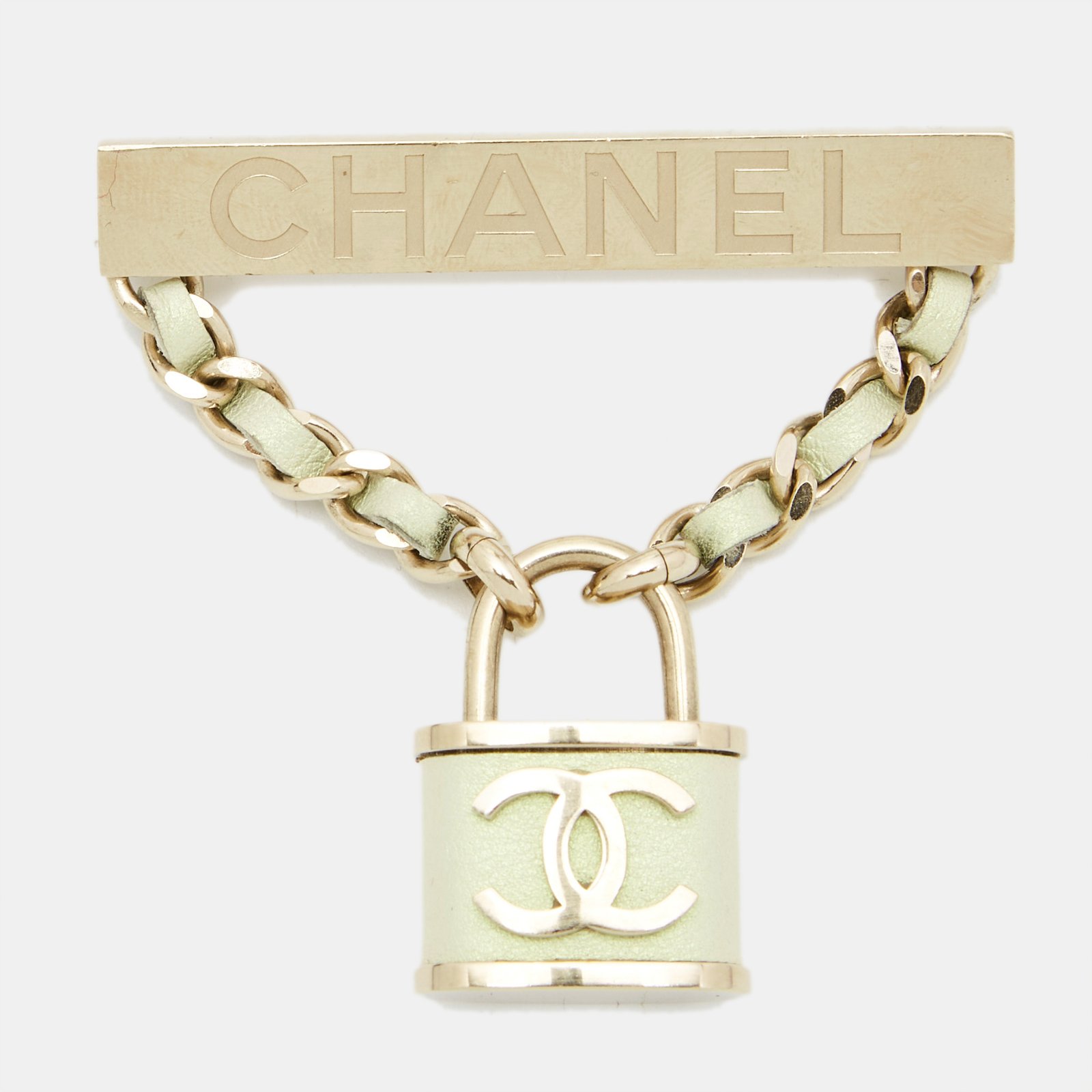 Chanel CC Lock Leather Gold Tone Brooch