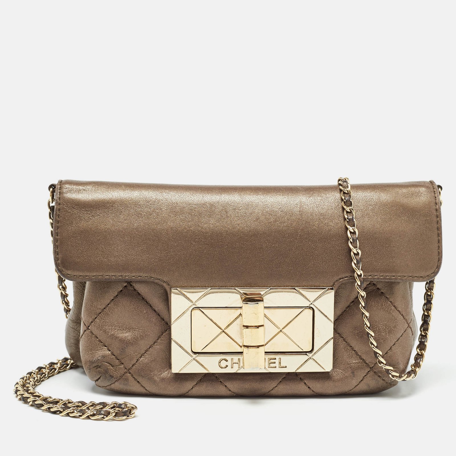 Chanel Olive Green Quilted Leather Reissue Lock Chain Clutch