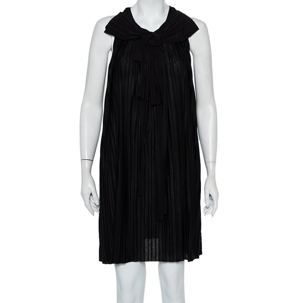Chloe Black Pleated Silk Bow Detail Flared Noir Dress XS