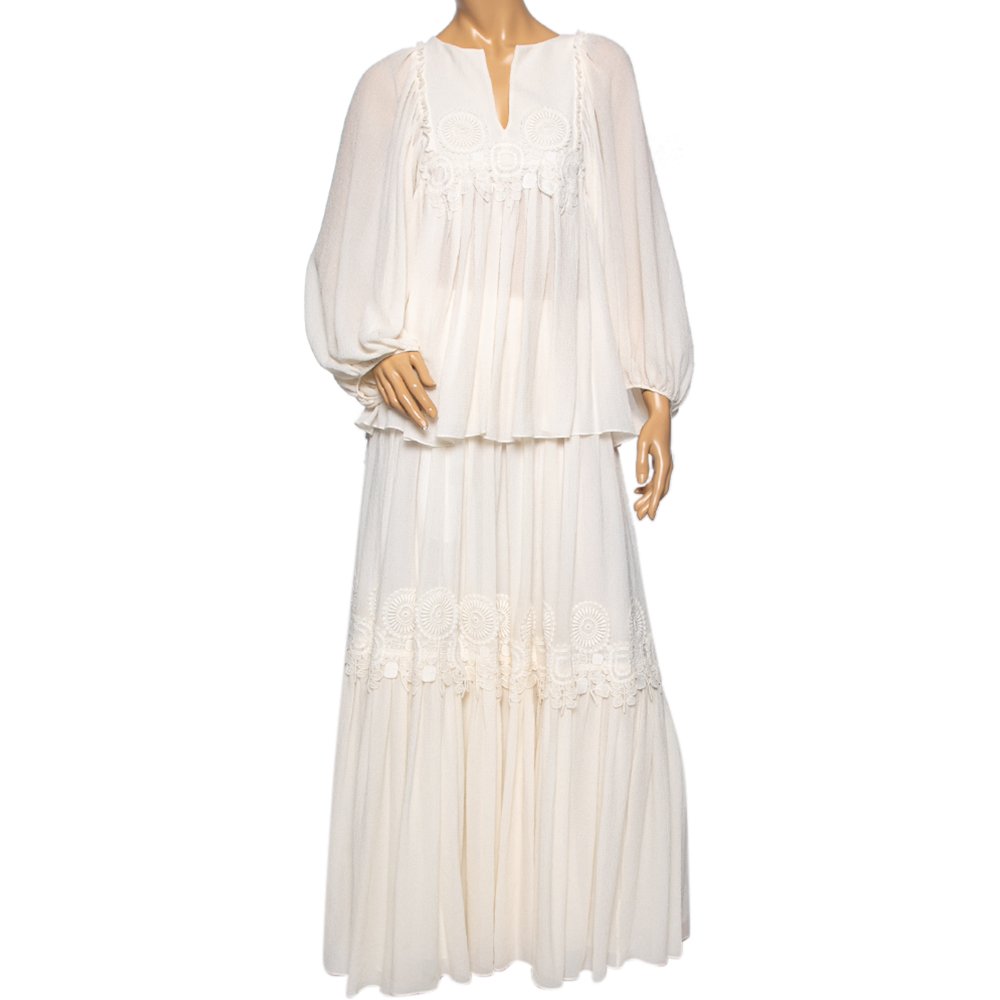 Chloe Cream Crinkle Silk Lace Trim Detailed Blouse and Skirt S