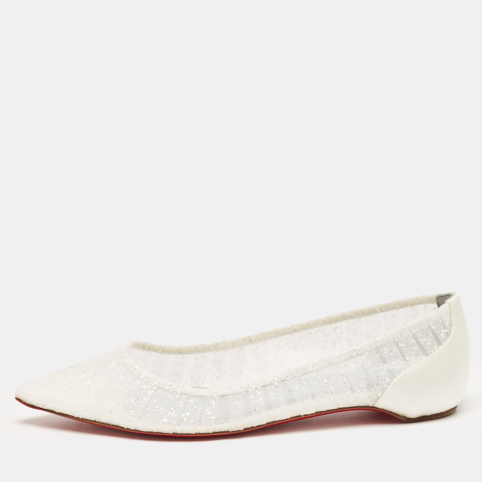 Christian Louboutin White Glitter Tulle Fabric and Satin Kate Ballet Flats Size 36.5