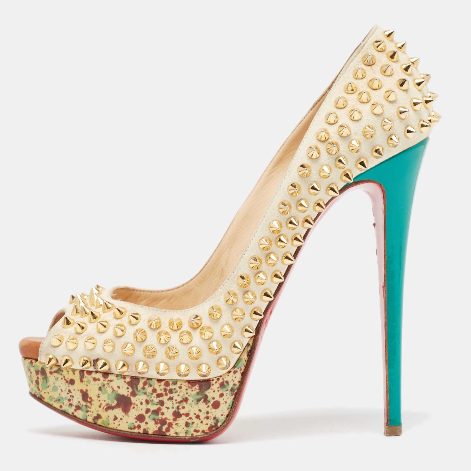 Christian Louboutin Cream Suede Lady Peep Spikes Pumps Size 38.5