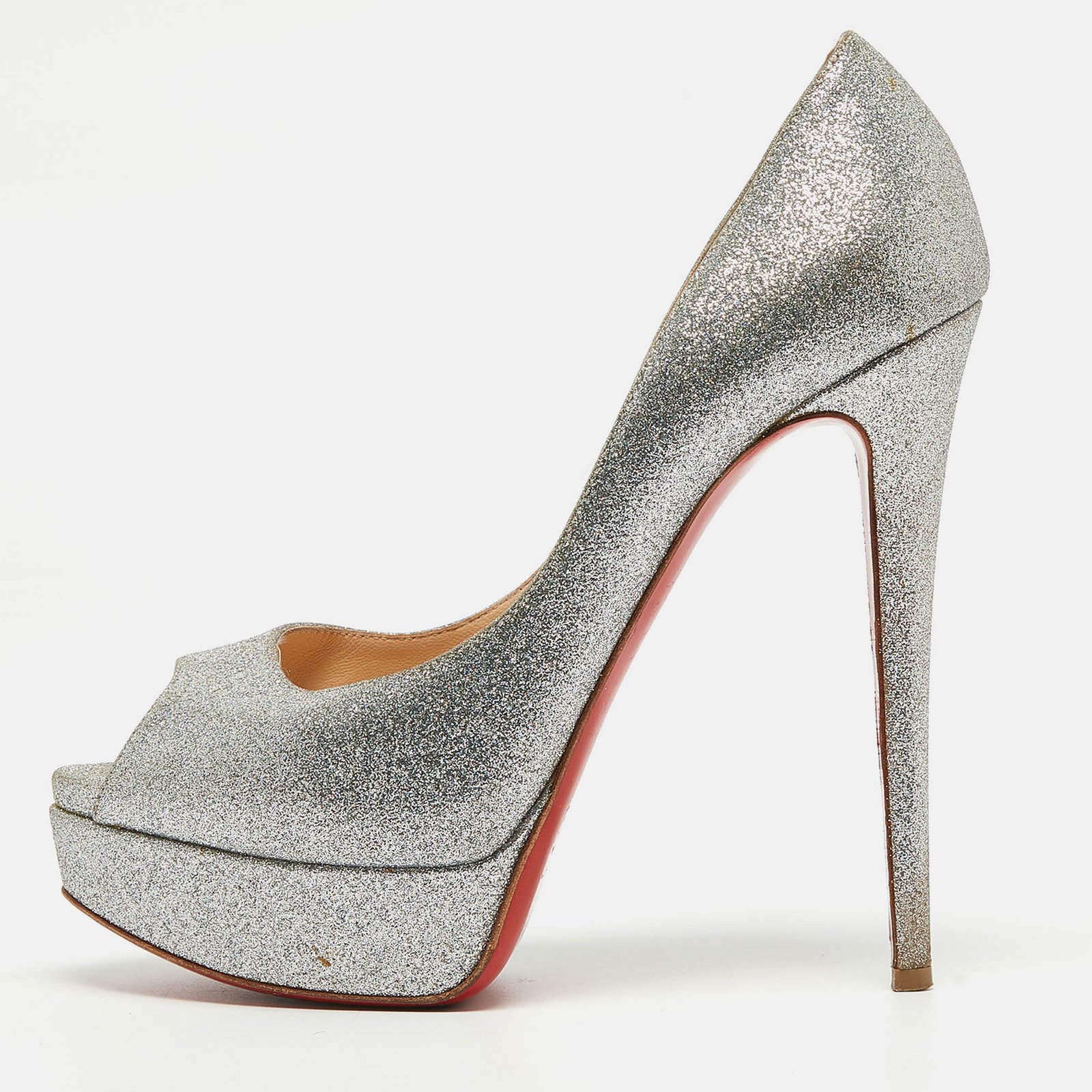 Christian Louboutin Silver Glitter Lady Peep Pumps Size 38.5