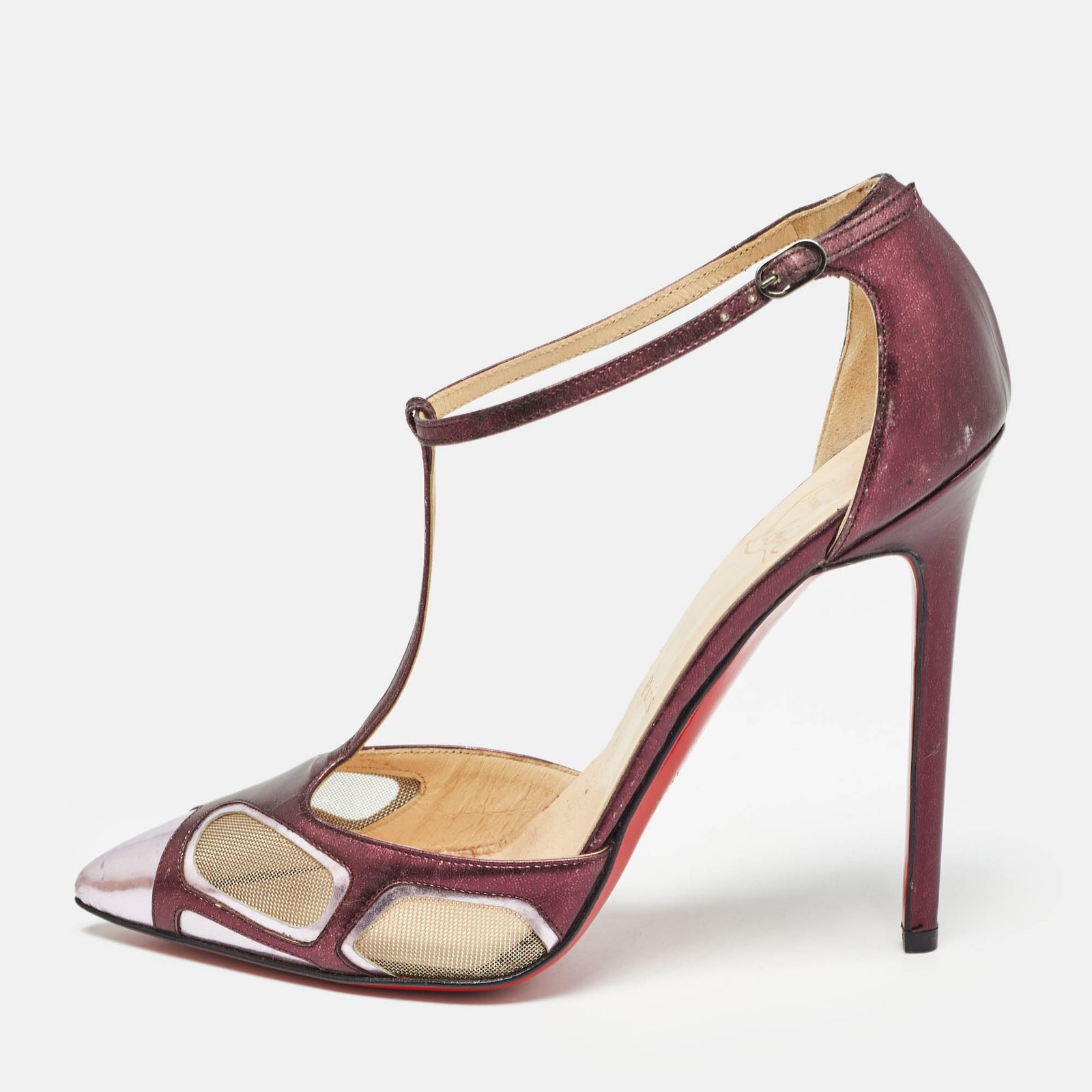 Christian Louboutin Metallic Purple Leather and Mesh T-Strap Pumps Size 37.5
