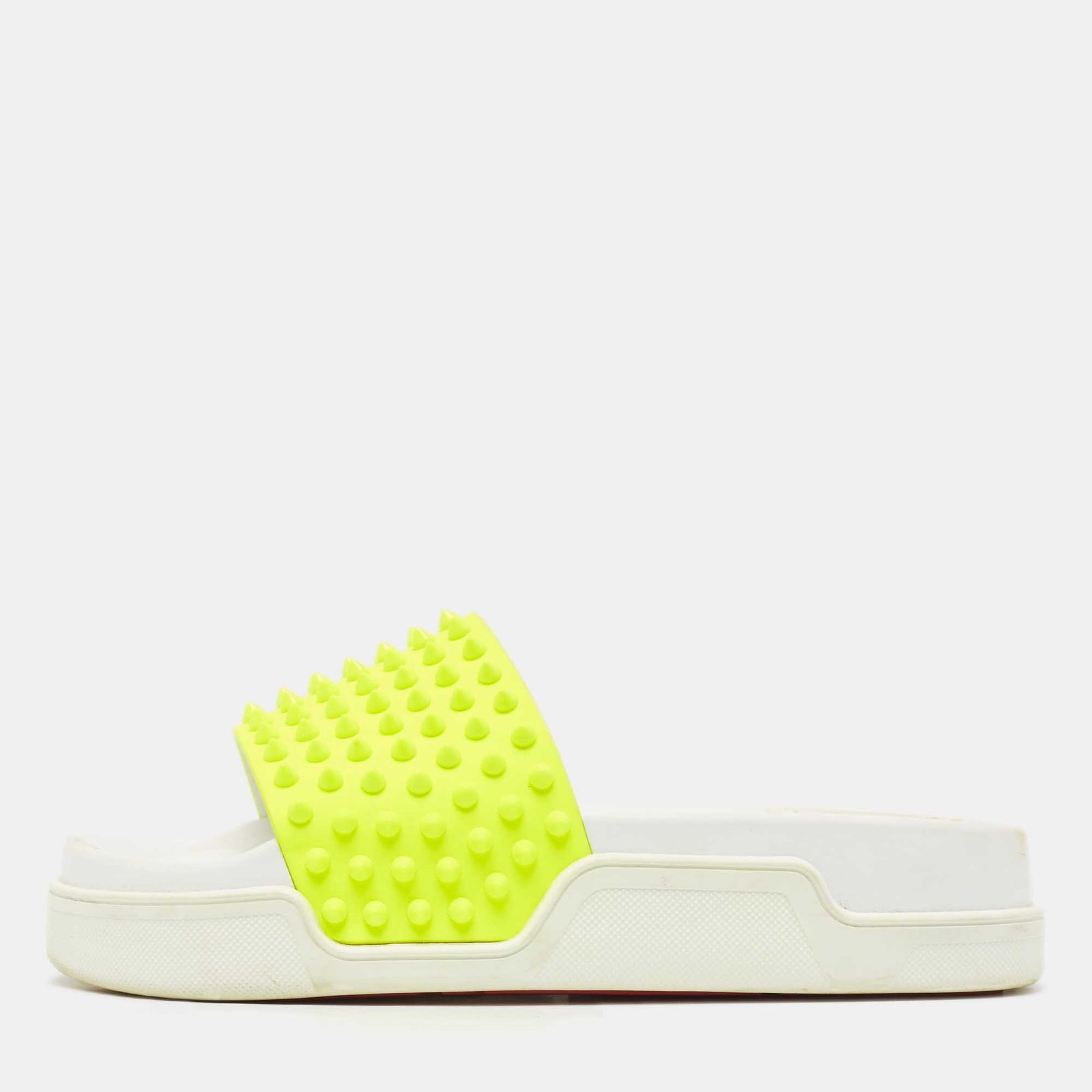 Christian Louboutin Neon Yellow Leather Spikes Pool Fun Flat Slides Size 40
