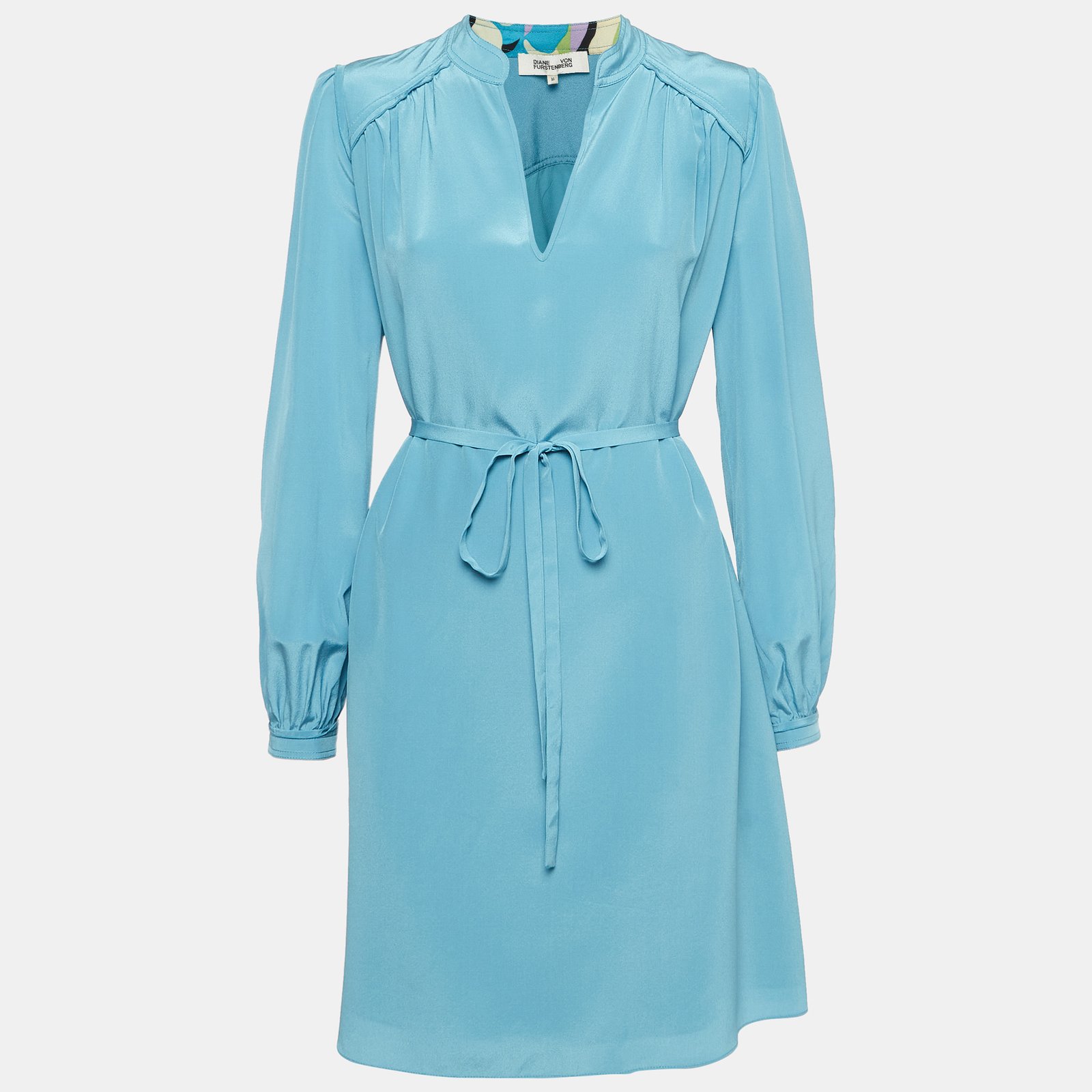 Diane Von Furstenberg Blue Silk Belted Mini Shift Dress M