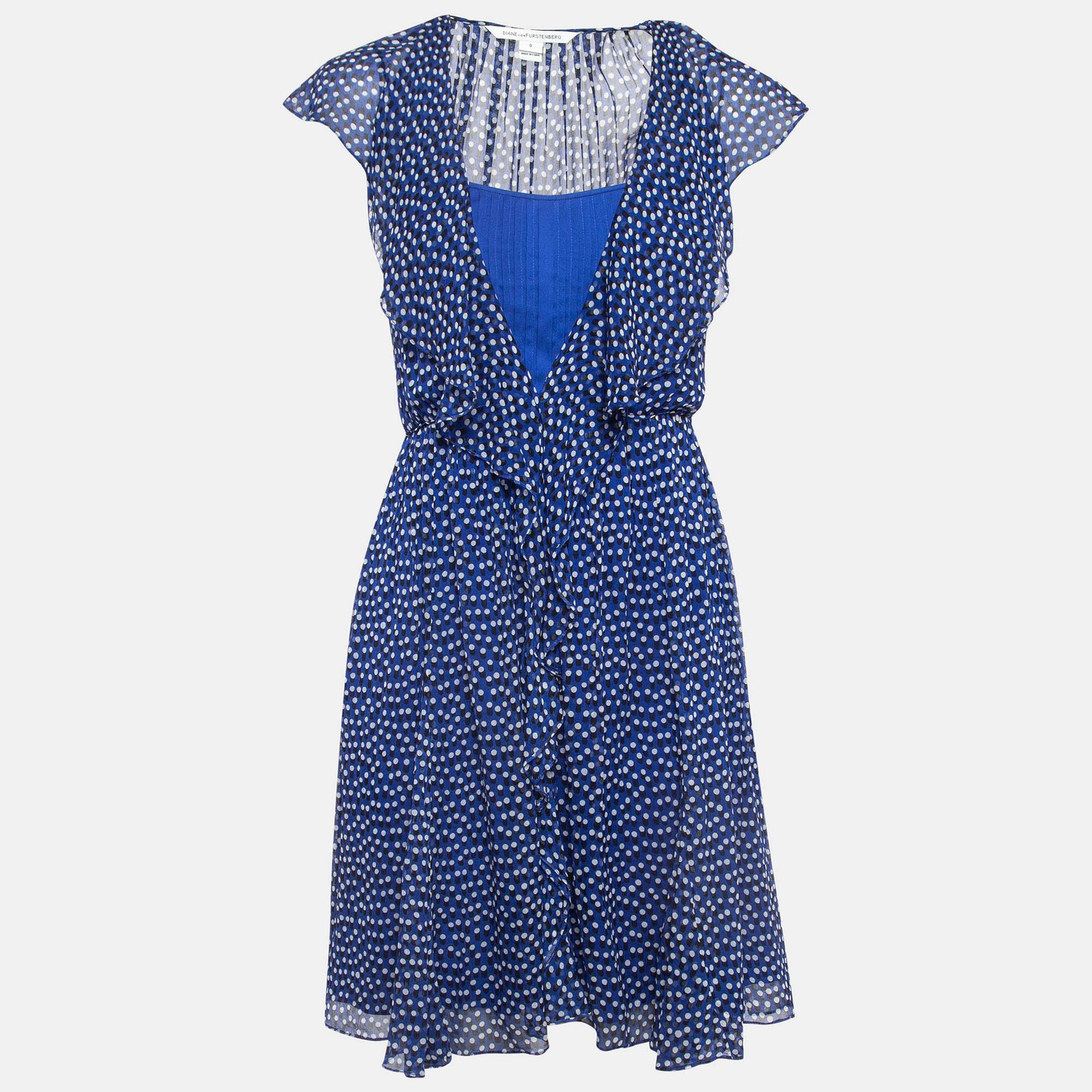 Diane Von Furstenberg Blue Printed Silk V Neck Ruffled Mini Dress XS