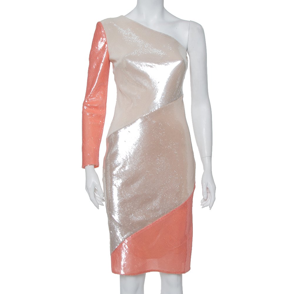 Diane Von Furstenberg Color Block Sequin Embellished Silk One Shoulder Midi Dress XS