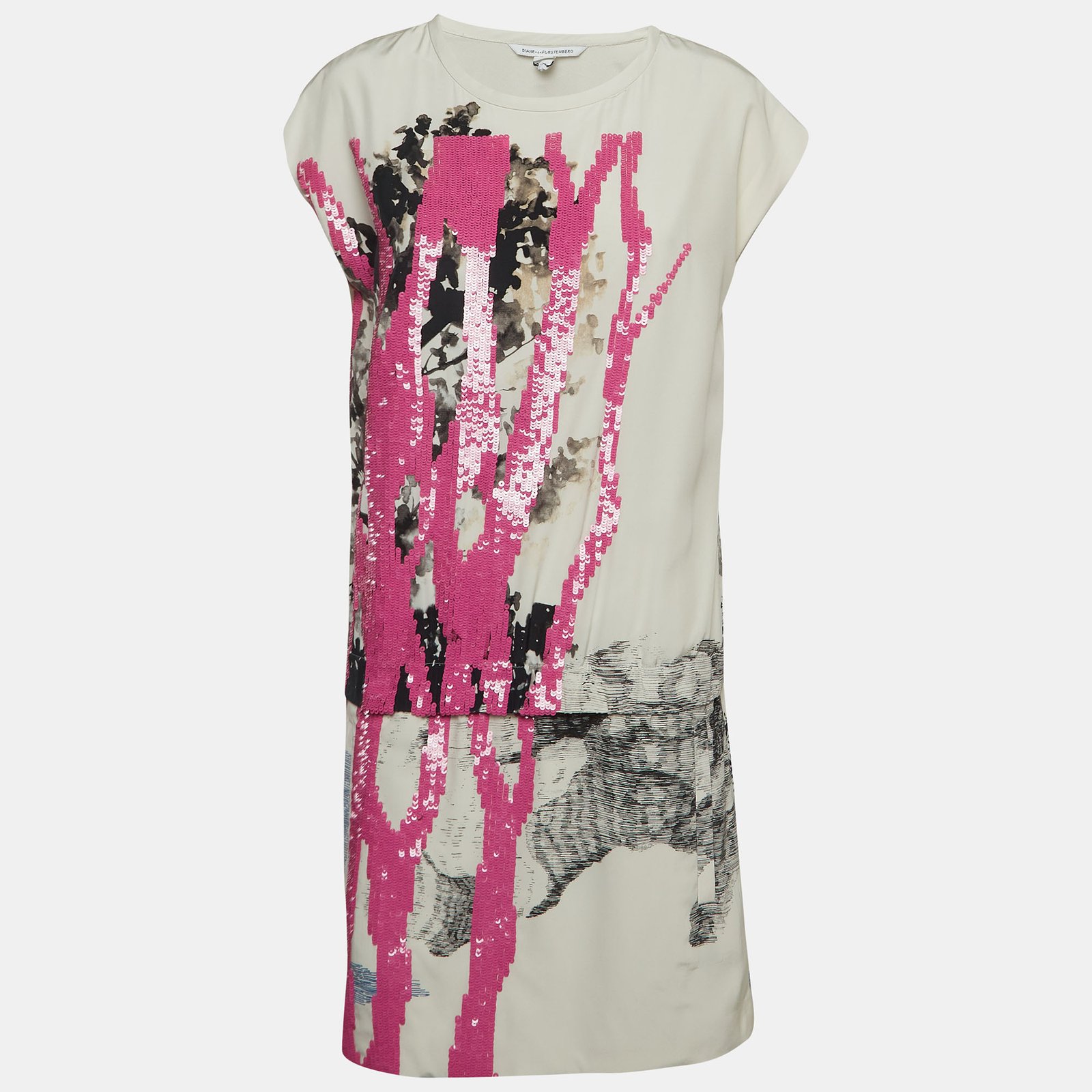 Diane Von Furstenberg White/Pink Sequin and Silk Tara Dress S