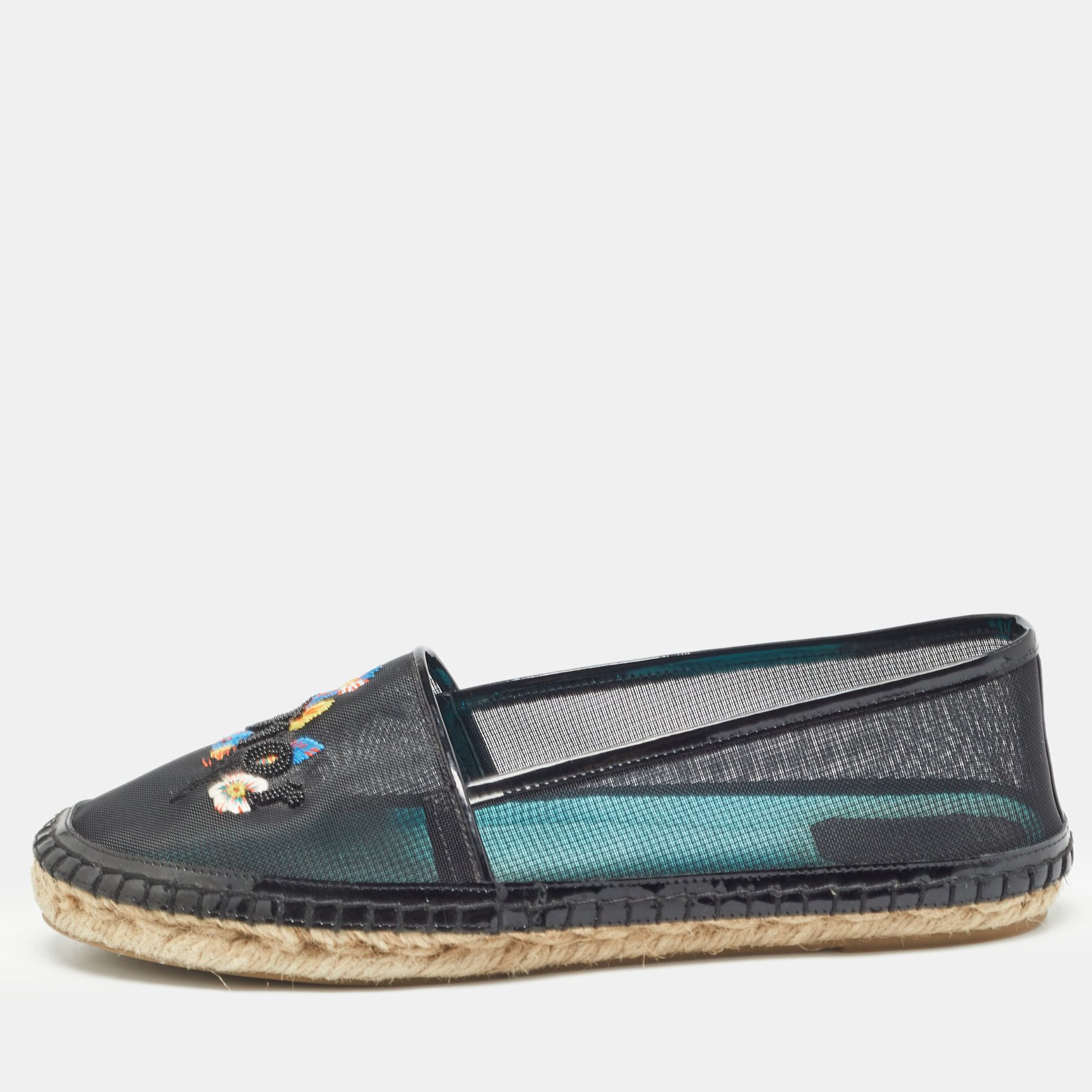 Dior Black Mesh and Patent Riviera Embroidered Espadrille Flats Size 39
