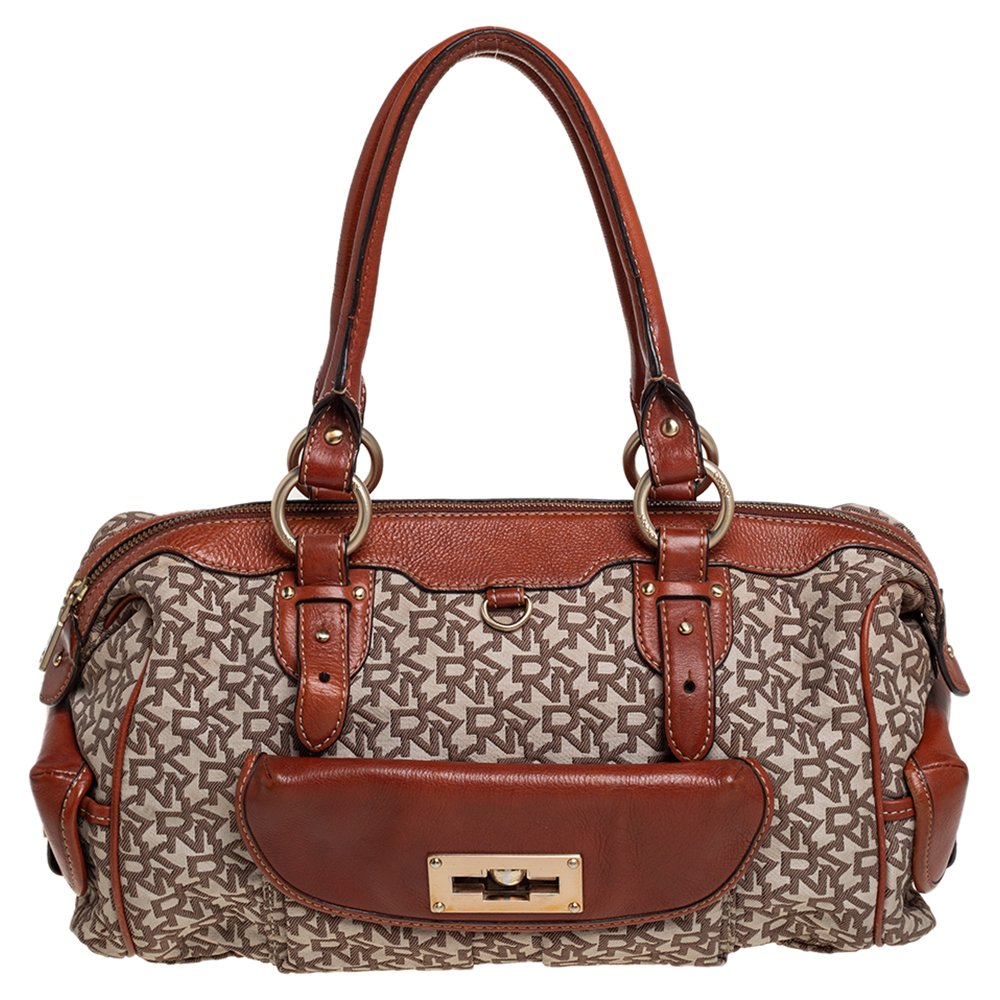 DKNY Beige/Brown Signature Canvas and Leather Satchel