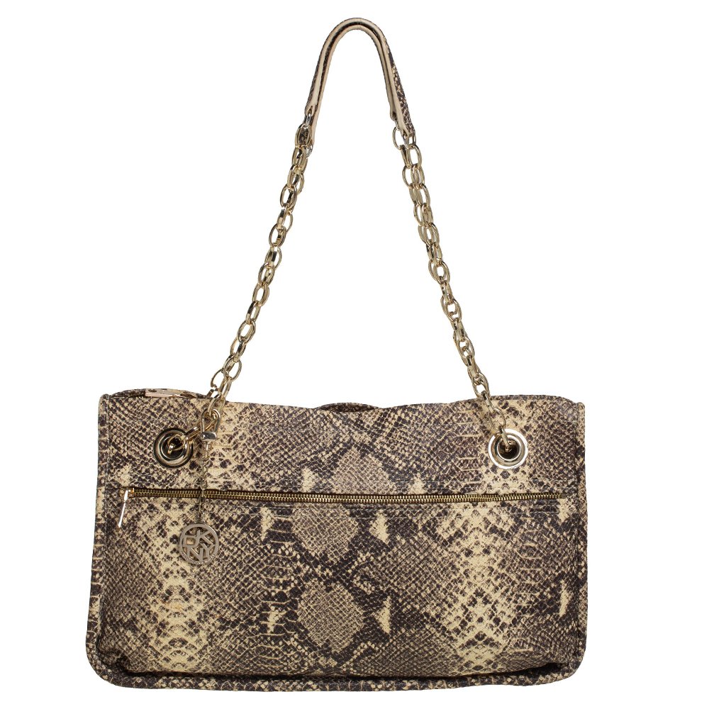DKNY Beige/Black Snakeskin Embossed Leather  Chain Shoulder Bag