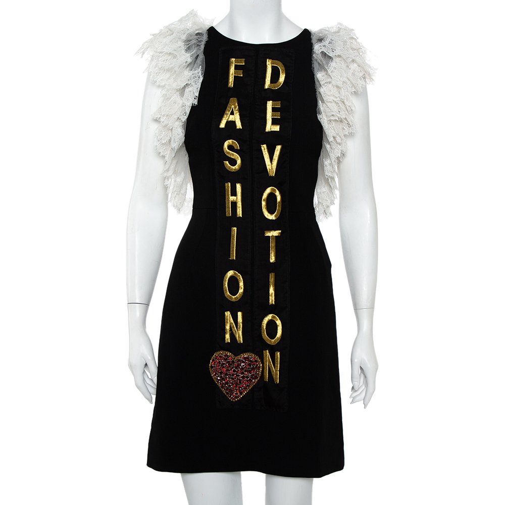 Dolce & Gabbana Black Crepe Lace Detail Fashion Devotion Dress XS