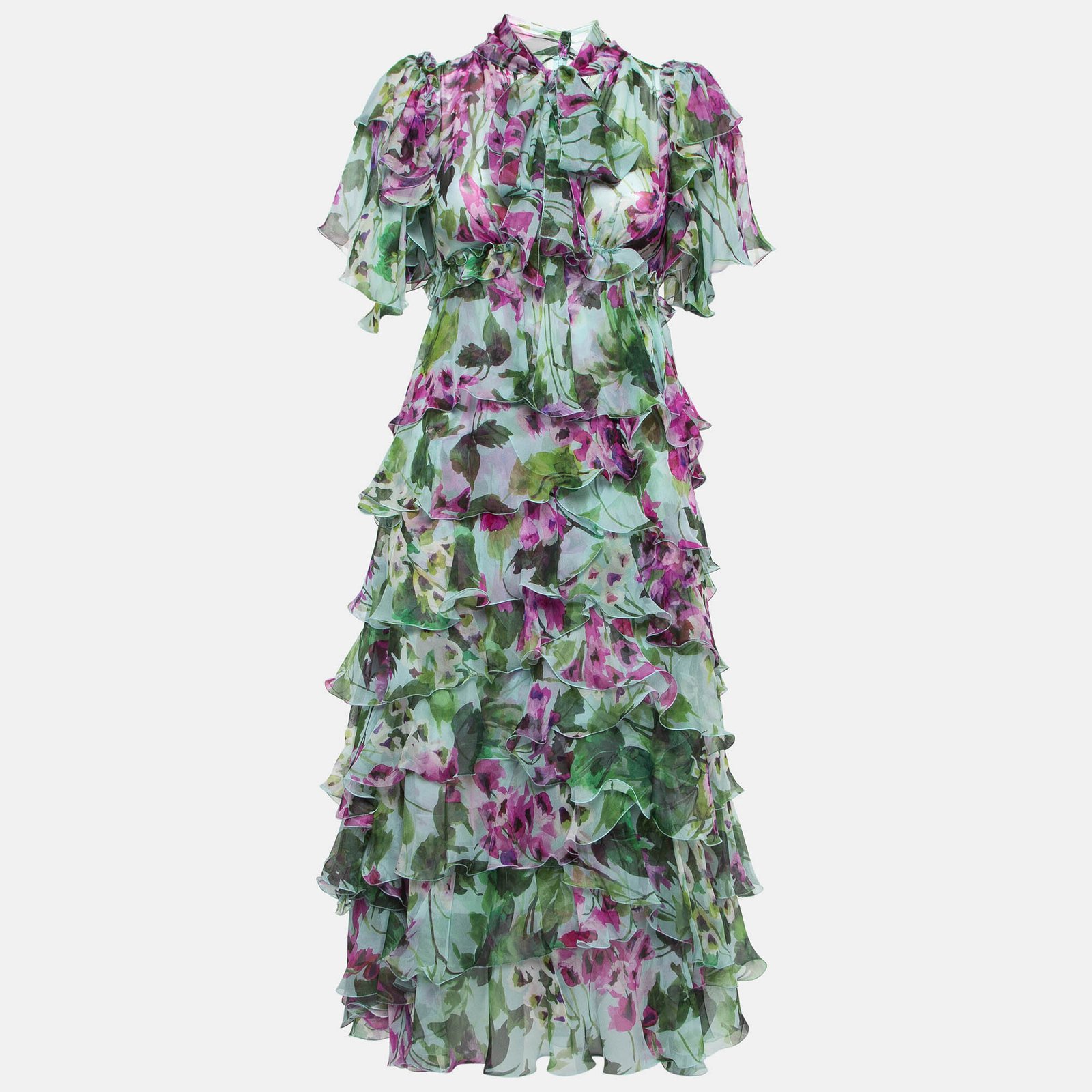 Dolce & Gabbana Green/Purple Floral Print Silk Ruffled Midi Dress XS