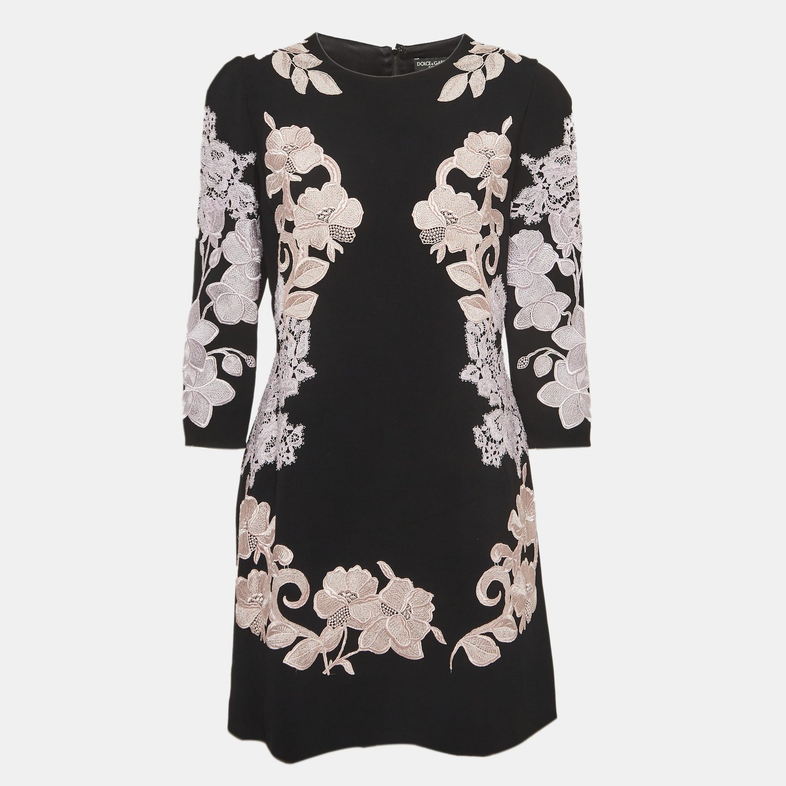 Dolce & Gabbana Black Floral Embroidered Crepe Mini Dress L