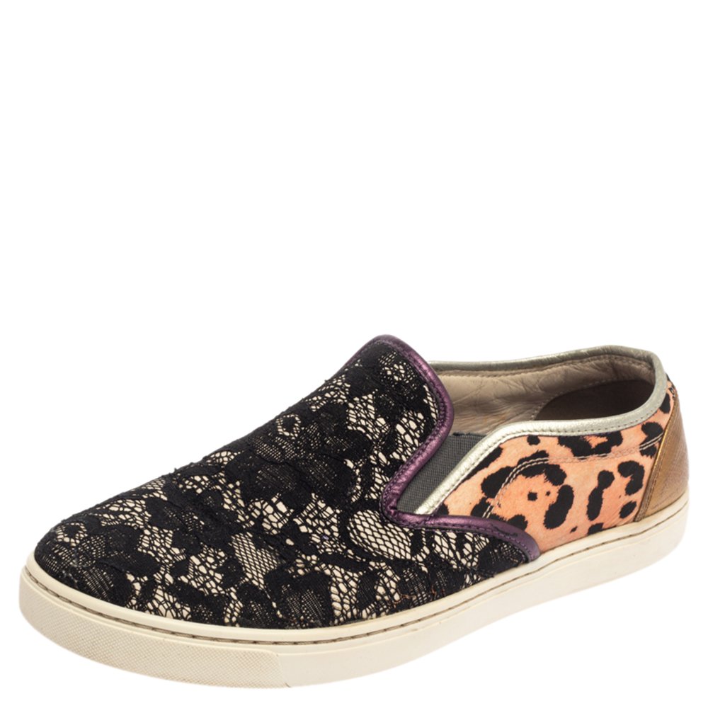 Dolce & Gabbana Multicolor Lace and Leather Slip On Sneakers Size 37