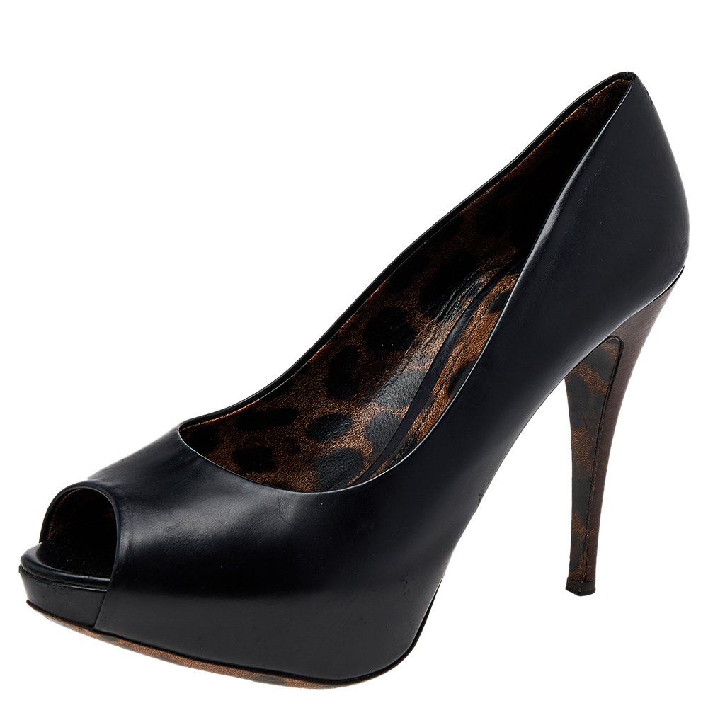 Dolce & Gabbana Black Leather Peep Toe Platform Pumps Size 40