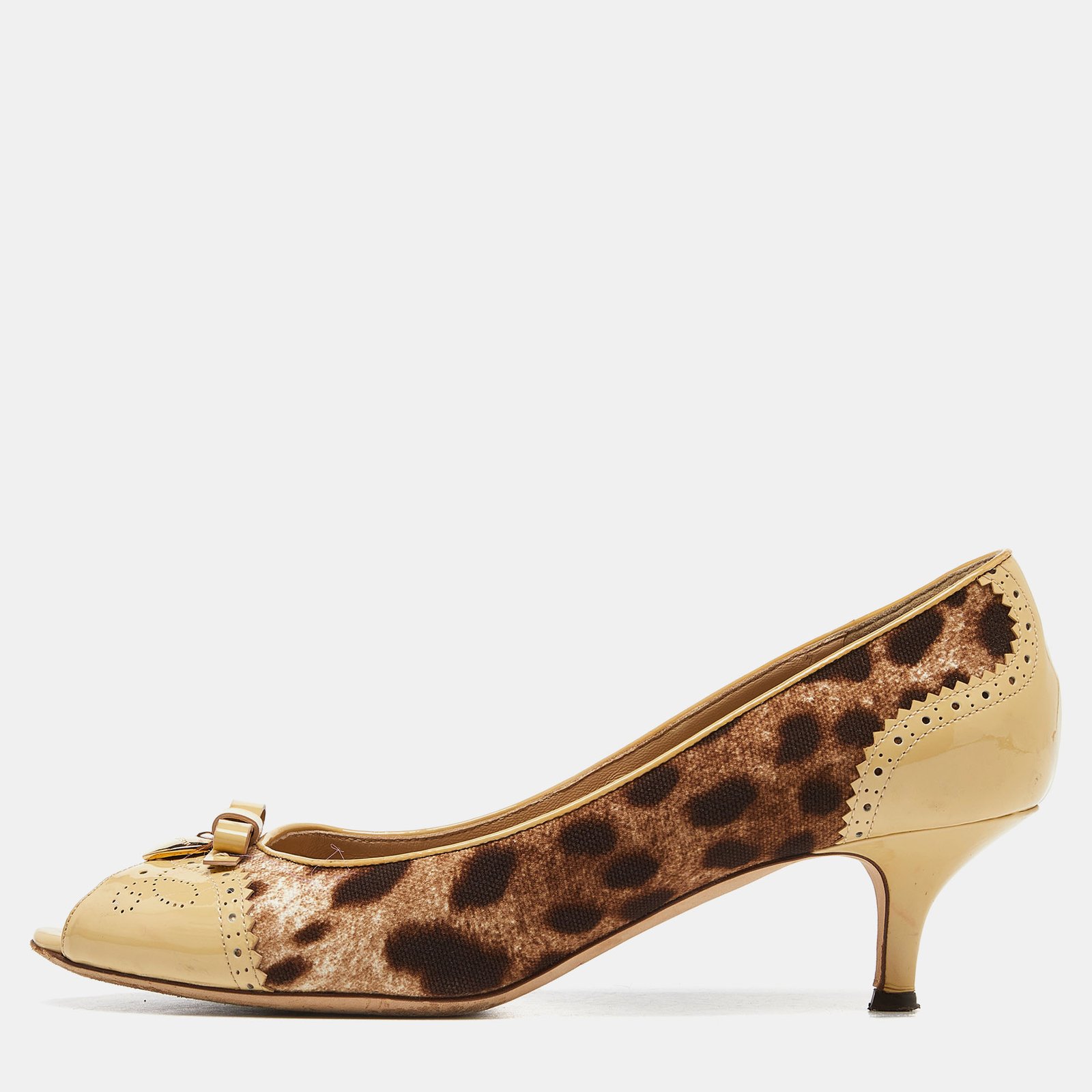 Dolce & Gabbana Brown Leopard Print Canvas Patent Leather Peep Toe Pumps Size 39