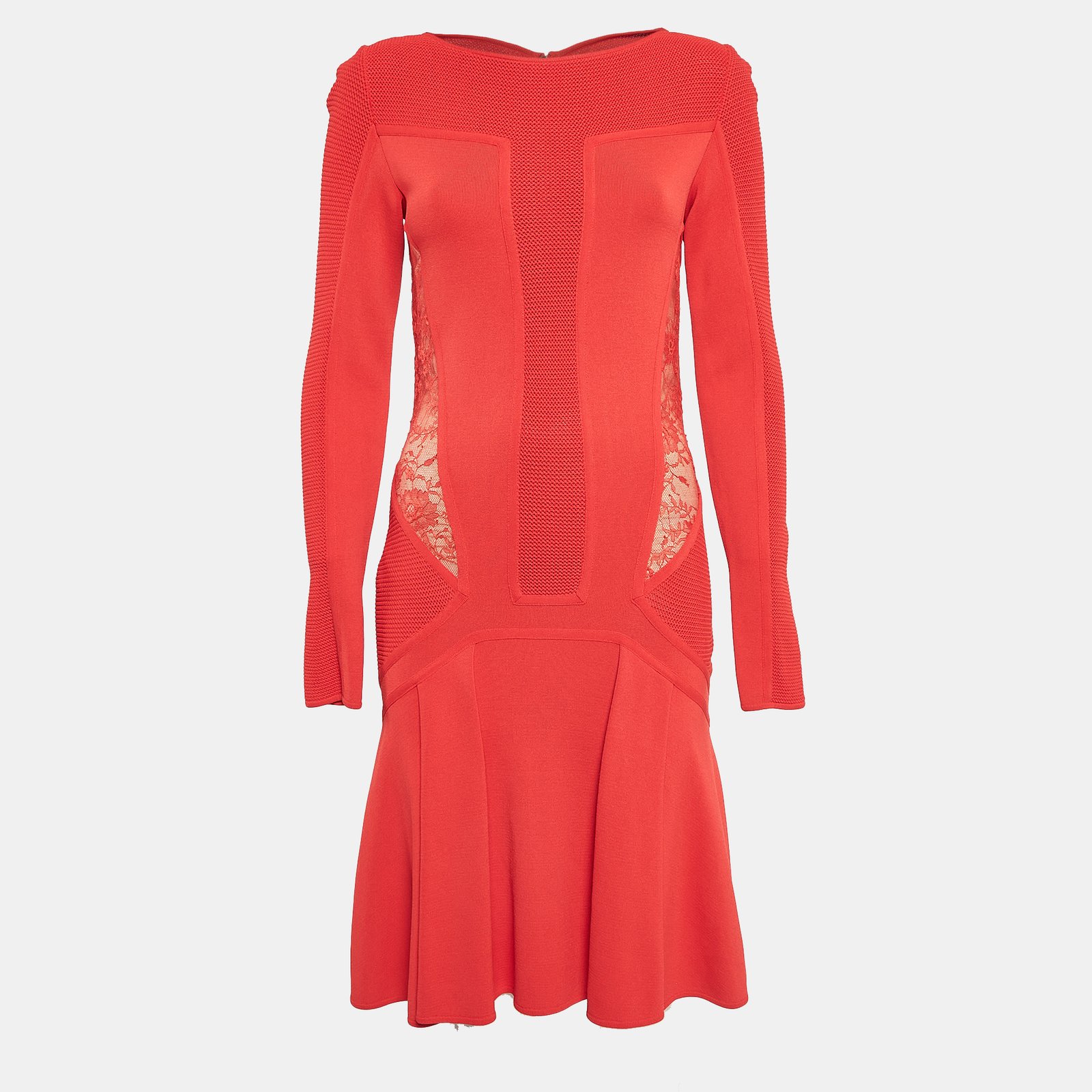 Elie Saab Red Lace Trim Knit Flared Midi Dress S