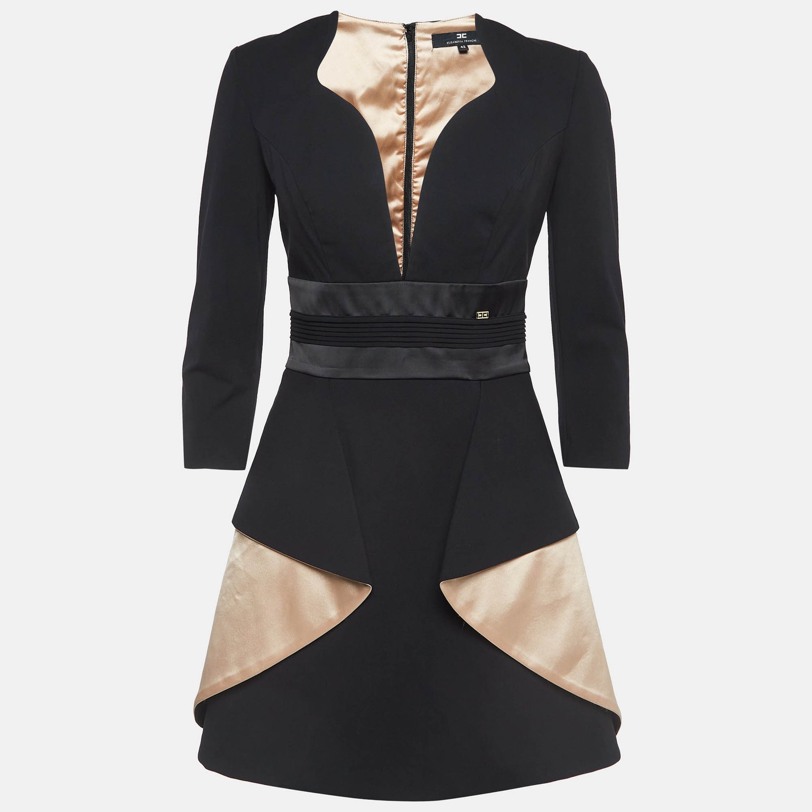 Elisabetta Franchi Black & Beige Crepe Mini Dress M