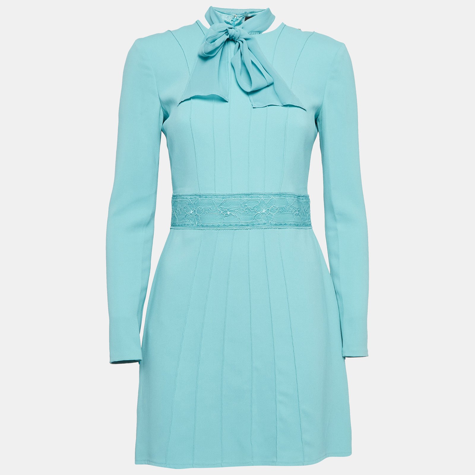 Elisabetta Franchi Blue Stretch Crepe Neck Tie Mini Dress M