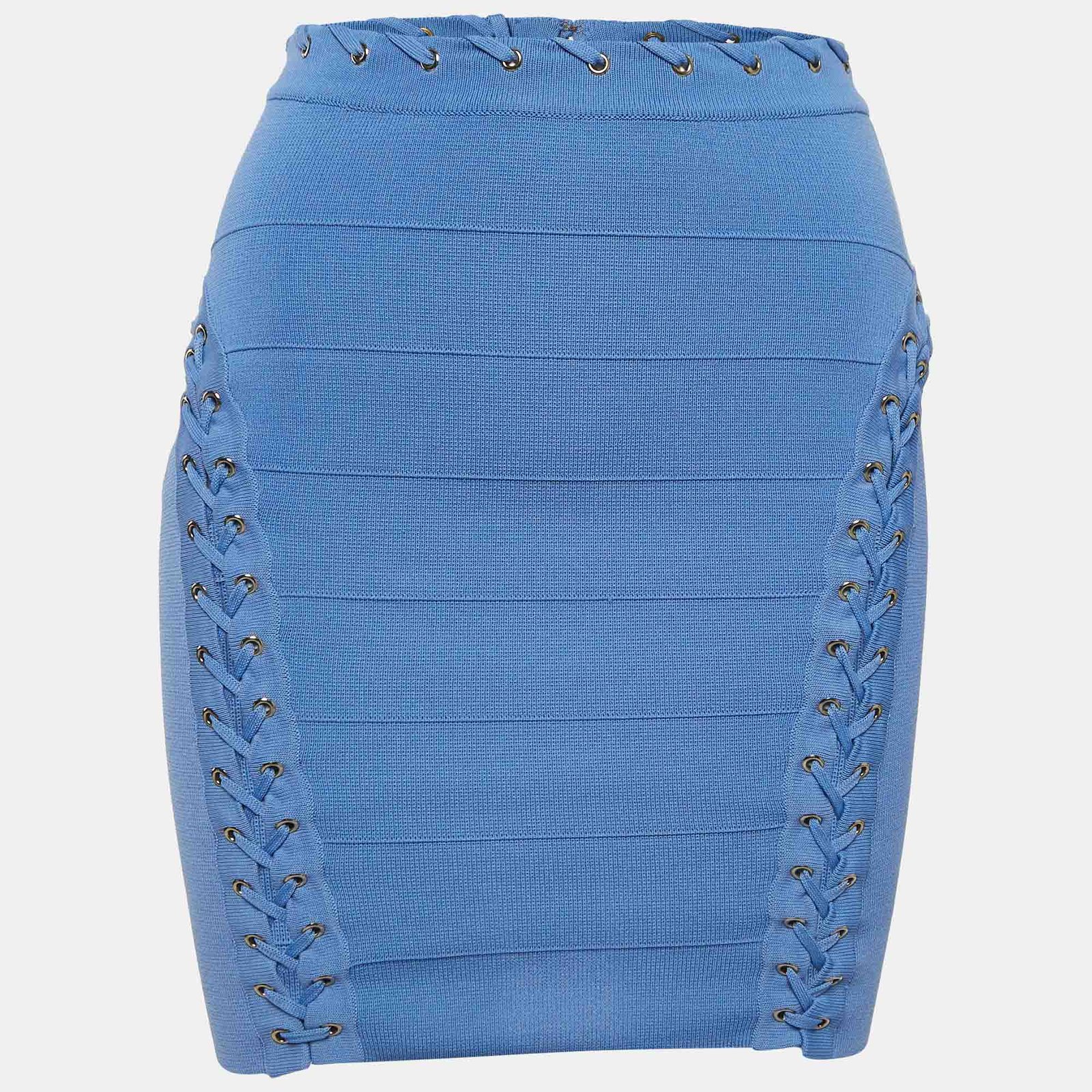 Elisabetta Franchi Blue Knit  Lace and Eyelets Detailed  Mini Skirt S