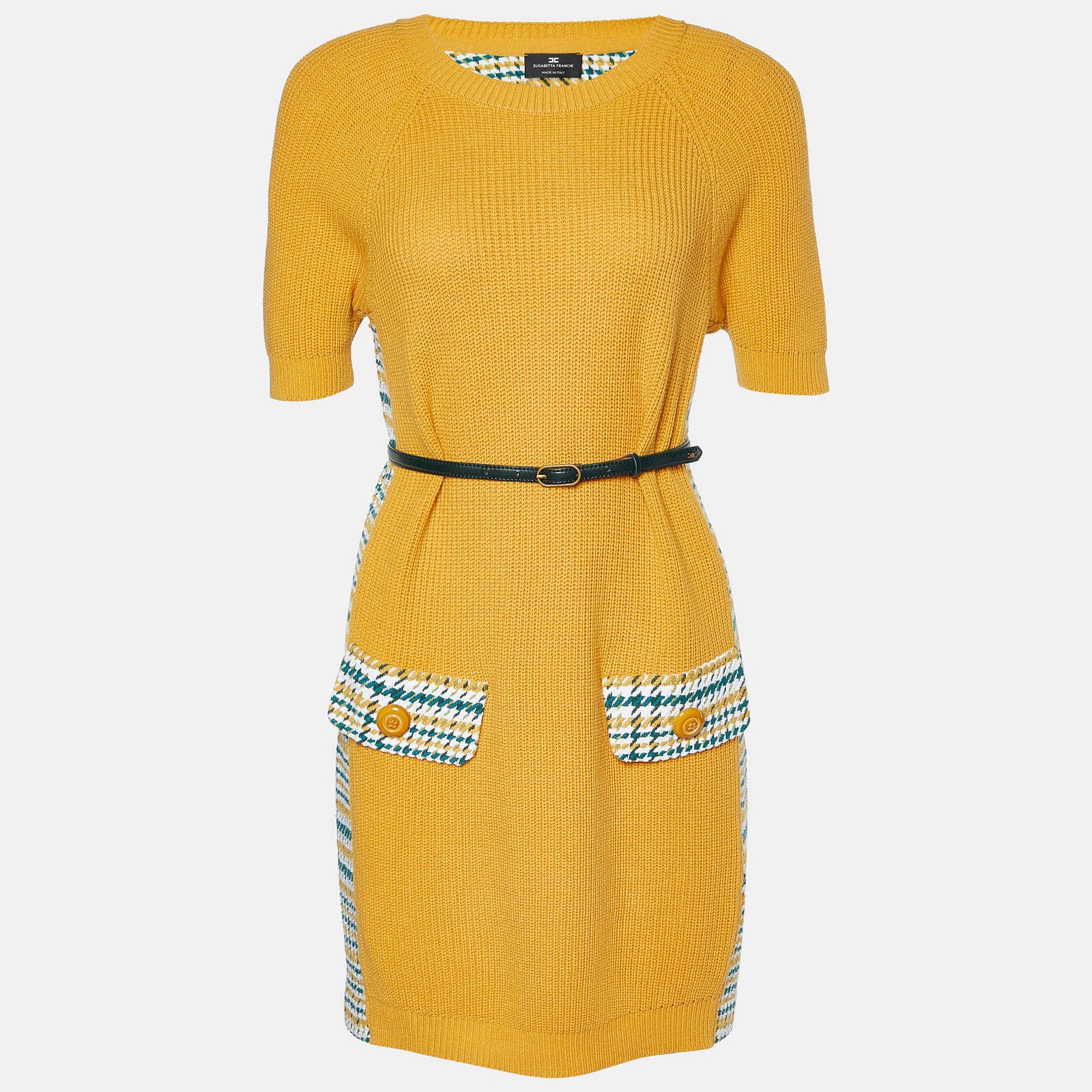 Elisabetta Franchi Yellow Houndstooth Knit Belted Dress S